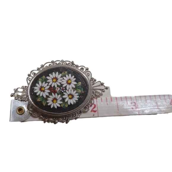 Vtg Micro Mosaic Silver Tone Oval Daisy Brooch Marked Italy 2 1/4" - Picture 3 of 6